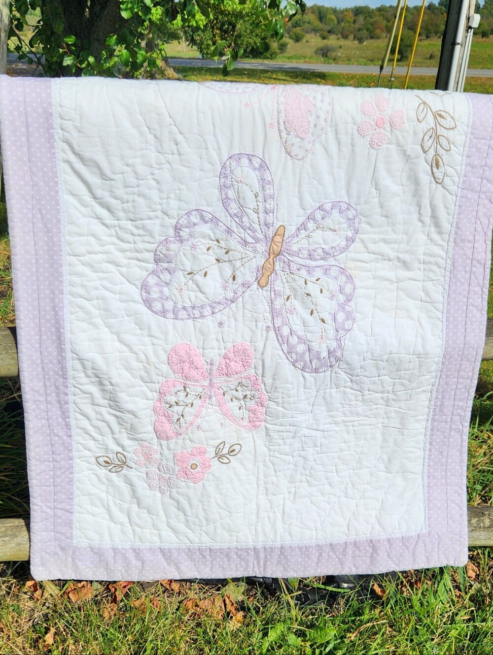 Pottery Barn Kids Crib Quilt Pastel Butterfly Floral Purple Pink Cotton Cottage